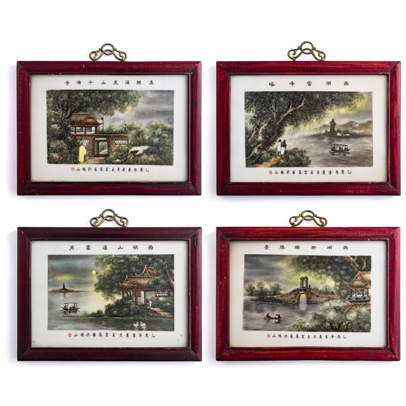 民國 王雲泉畫墨彩山水瓷板四塊一套 | A set of four grisaille Jingdezhen landscape porcelain plaques, by Wang Yunquan (1884-1942), Republic period.