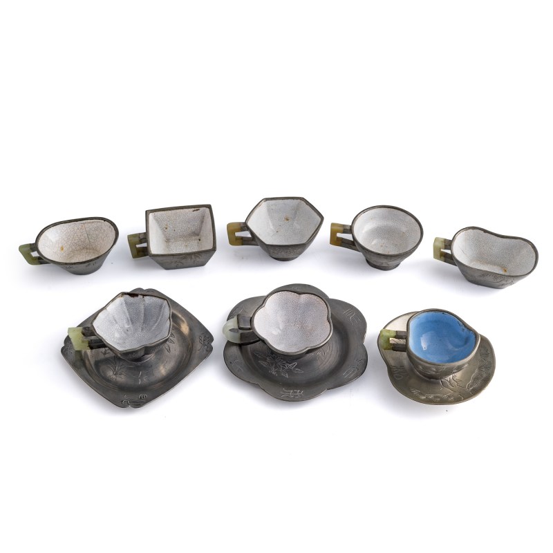 清代/民國 紫砂包錫杯八個 | A collection of Chinese pewter-mounted Yixing cups and trays, Qing/Republic period