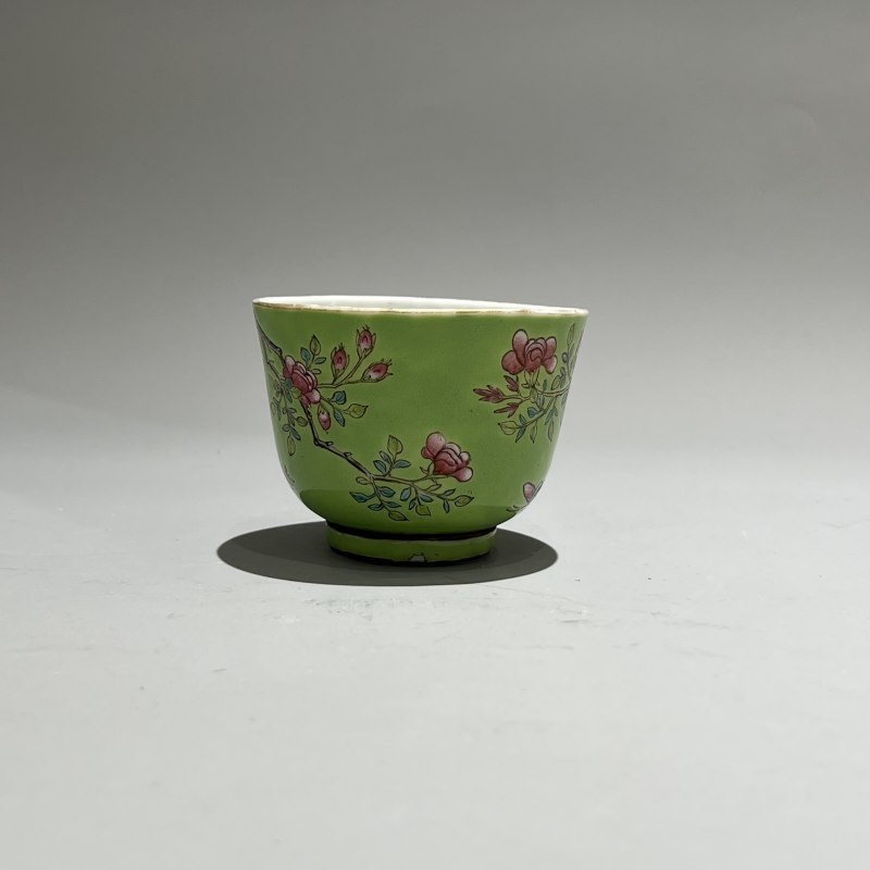 清光绪 绿地粉彩大雅斋风格花鸟纹茶碗 - 图3