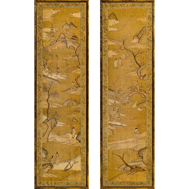 十九世紀晚 緙絲山水人物條屏鏡框一對 | A pair of framed Chinese kesi figural landscape panels, late 19th century