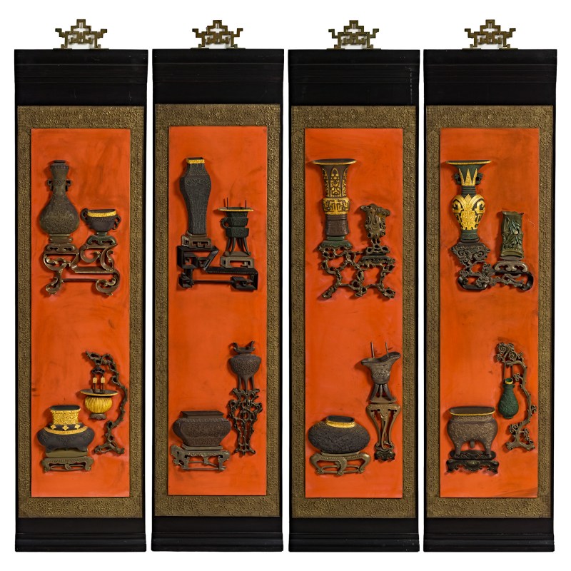民國 大漆博古圖挂屏四塊一堂 | A set of four Chinese lacquer bogu hanging panels, Republic period