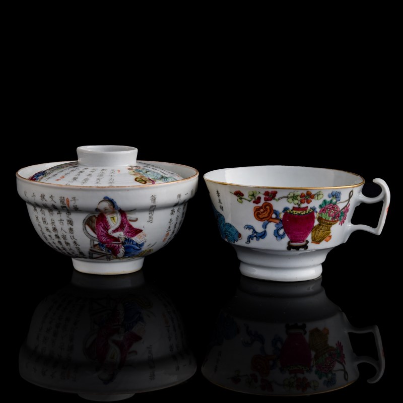 十九世紀早 粉彩人物把杯及蓋碗 | A Chinese famille rose figural handled cup and covered bowl, early 19th century - 图1