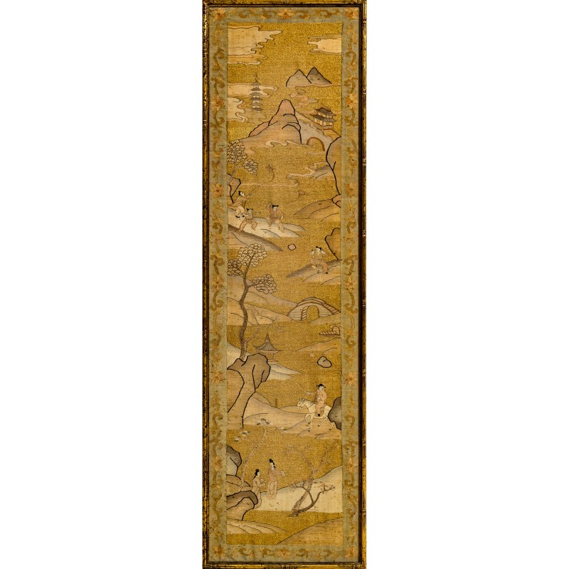 十九世紀晚 緙絲山水人物條屏鏡框一對 | A pair of framed Chinese kesi figural landscape panels, late 19th century - 图2