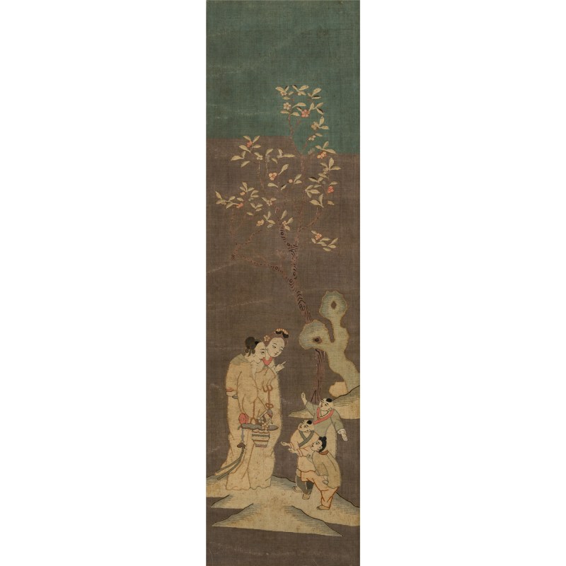 十九世紀 緙絲仕女童子立軸 | A Chinese kesi 'court lady' and 'boy' embroidery, 19th century