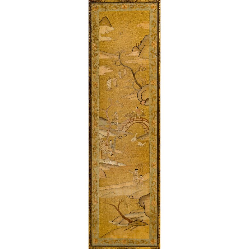 十九世紀晚 緙絲山水人物條屏鏡框一對 | A pair of framed Chinese kesi figural landscape panels, late 19th century - 图3