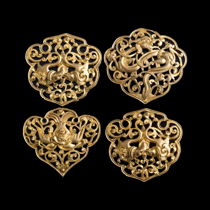元代或更早 銀鎏金鏤空佩飾四片 | Four Chinese gilt-silver openwork ornaments, Yuan dynasty or earlier