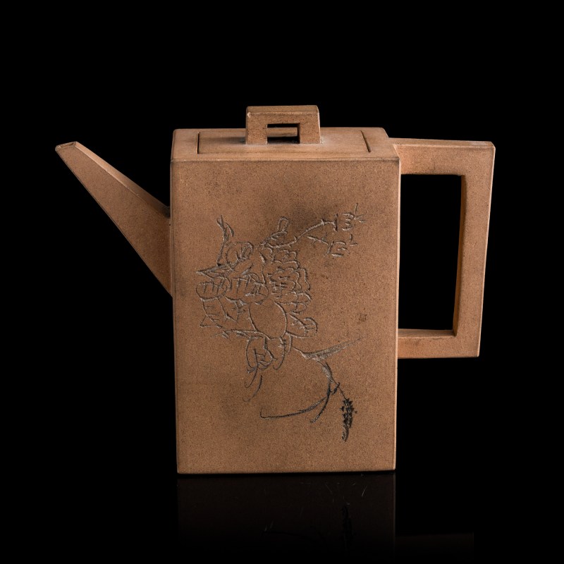 民國 段泥花卉詩文四方磚形壺 | A Chinese Duanni 'floral' and 'inscription' teapot, Republic period