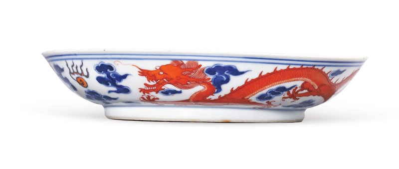清道光 精进堂制款青花矾红云龙纹盘 - 图2
