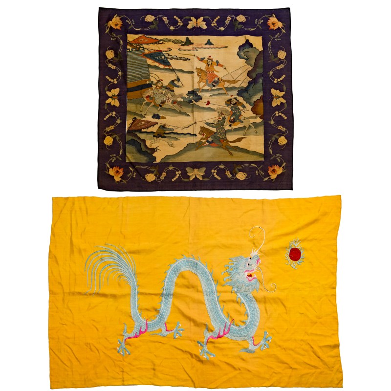 十九世紀 緙絲刀馬人物綉片及刺綉龍旗 | A Chinese kesi warrior panel and an embroidered dragon banner, 19th century