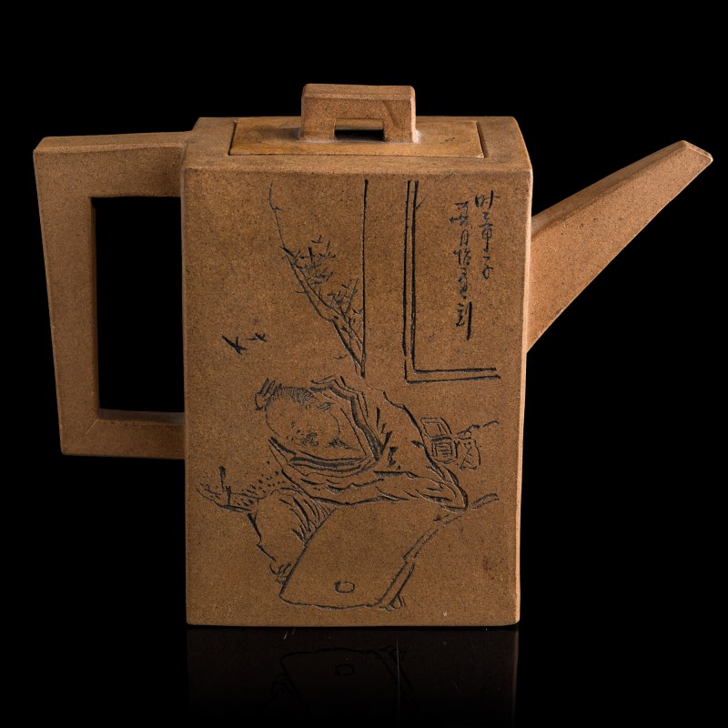 民國 逸雲主人刻、淦成款段泥人物詩文四方磚形壺 | A Chinese Duanni 'figural' and 'inscription' teapot, Republic period - 图5