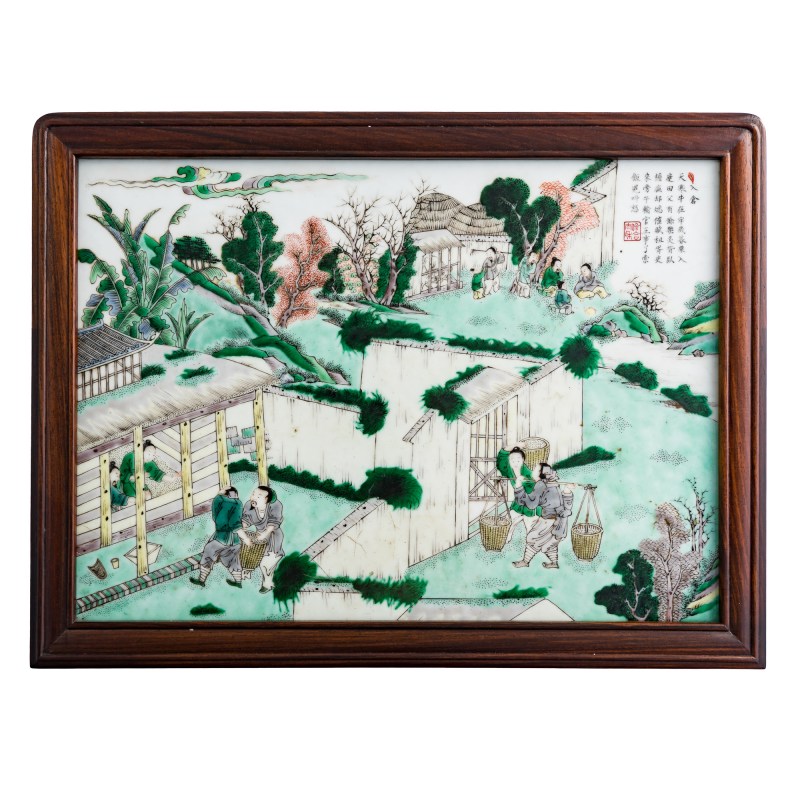 清代 五彩耕織圖瓷板插屏 | A Chinese wucai 'Farming and Weaving' porcelain plaque table screen, Qing dynasty - 图10