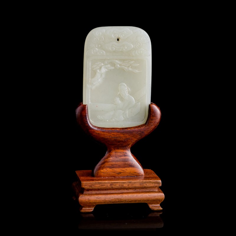 十八世紀 白玉太白醉酒詩文牌（附木座） | A Chinese white jade 'Li Bai' and 'inscription' plaque, 18th century - 图1