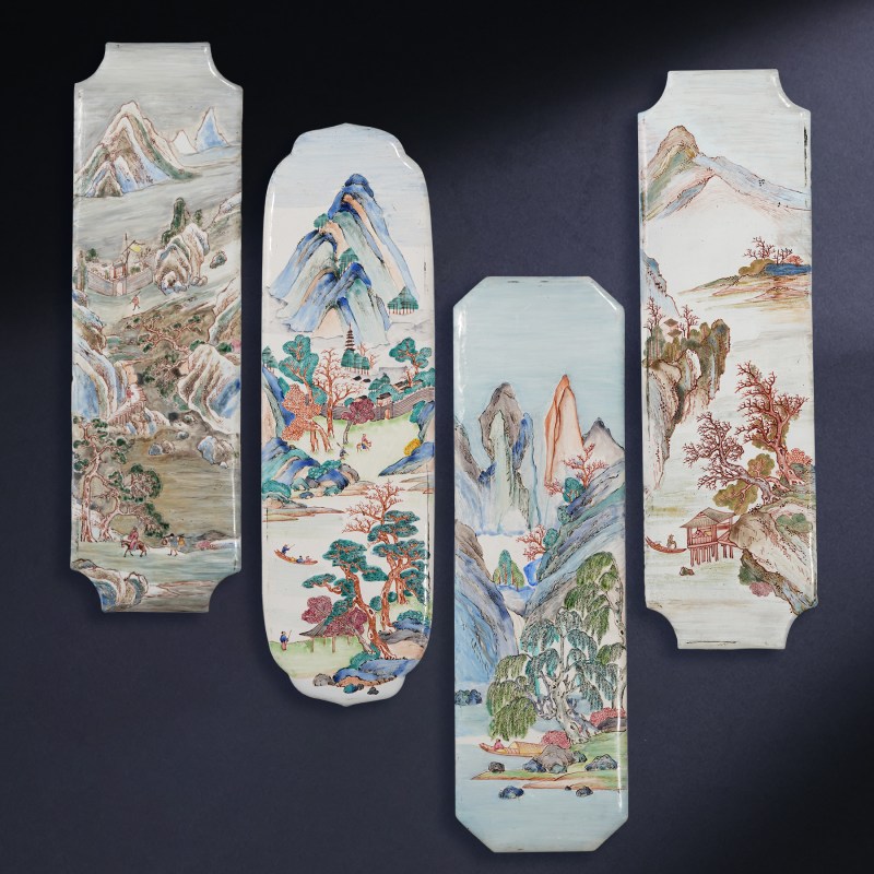清康熙 铜胎画珐琅四季山水纹曲屏 - 图3