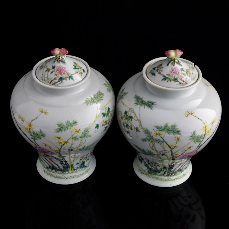 民國 粉彩花鳥蓋罐一對 | A pair of Chinese famille rose bird and flower jars, Republic period - 图5