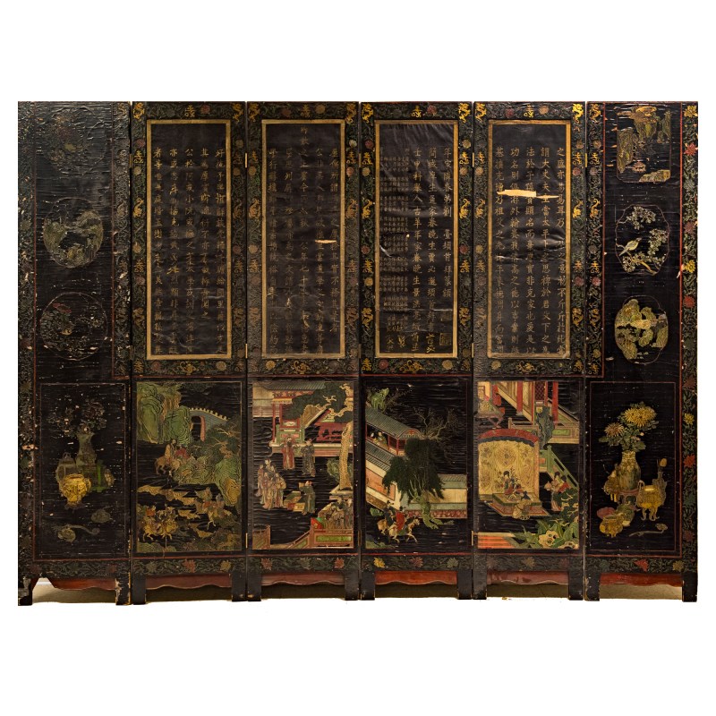 清康熙 黑漆地彩繪人物故事屏風六扇一套 | A Chinese six-panel painted black lacquer folding screen, Kangxi period, Qing dynasty