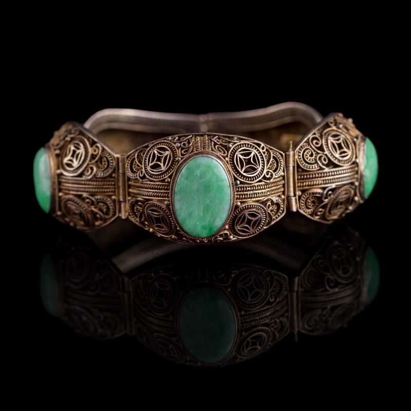 民國 銀嵌翡翠手鏈 | A Chinese silver bracelet set with jadeite, Republic period - 图1