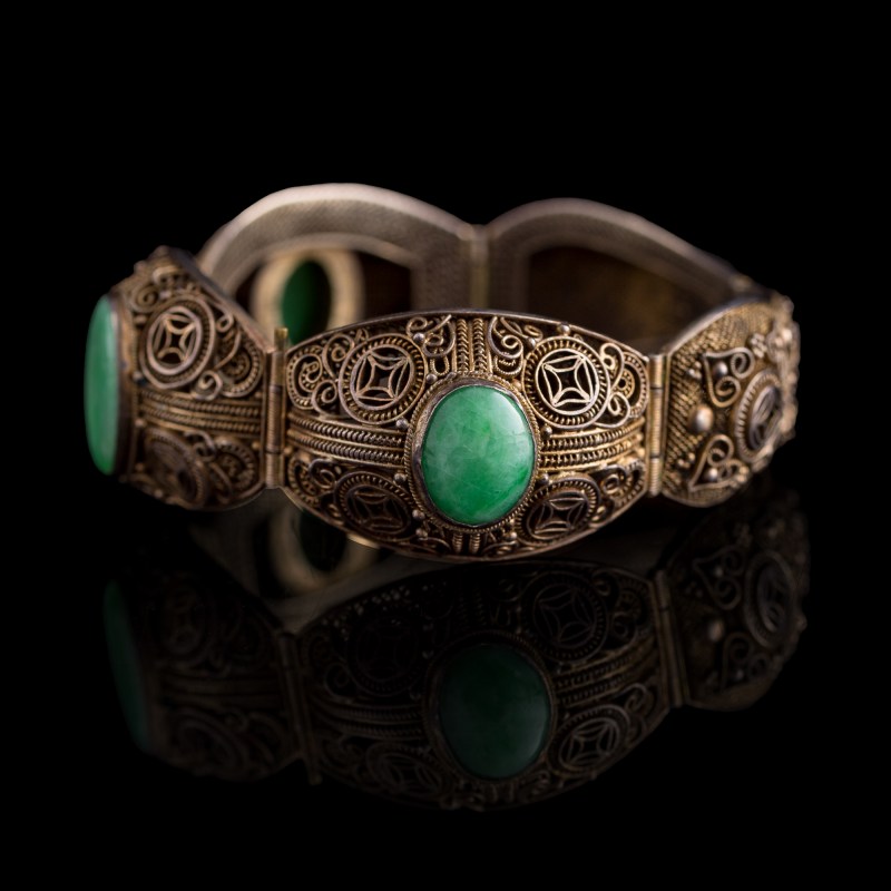 民國 銀嵌翡翠手鏈 | A Chinese silver bracelet set with jadeite, Republic period - 图2