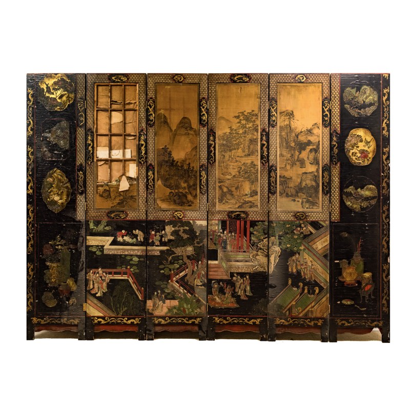 清康熙 黑漆地彩繪人物故事屏風六扇一套 | A Chinese six-panel painted black lacquer folding screen, Kangxi period, Qing dynasty - 图2