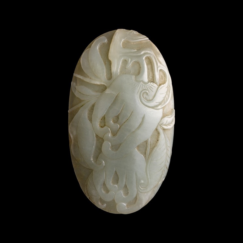 十九世紀 白玉雕佛手瓦頭 | A Chinese white jade 'Buddha's hand' plaque, 19th century - 图1