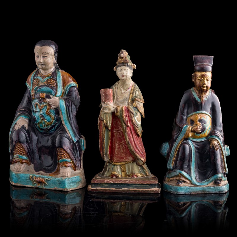 明代 陶塑人物三尊 | Three Chinese pottery figures, Ming dynasty - 图1