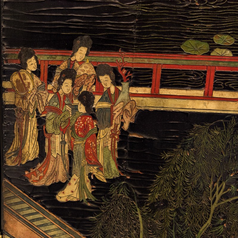 清康熙 黑漆地彩繪人物故事屏風六扇一套 | A Chinese six-panel painted black lacquer folding screen, Kangxi period, Qing dynasty - 图21