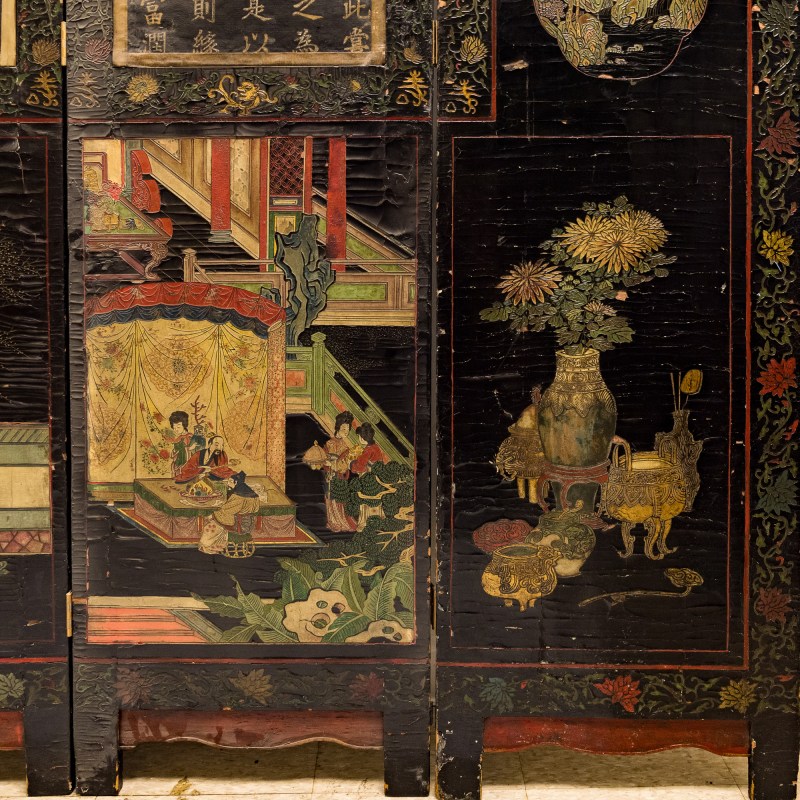 清康熙 黑漆地彩繪人物故事屏風六扇一套 | A Chinese six-panel painted black lacquer folding screen, Kangxi period, Qing dynasty - 图5
