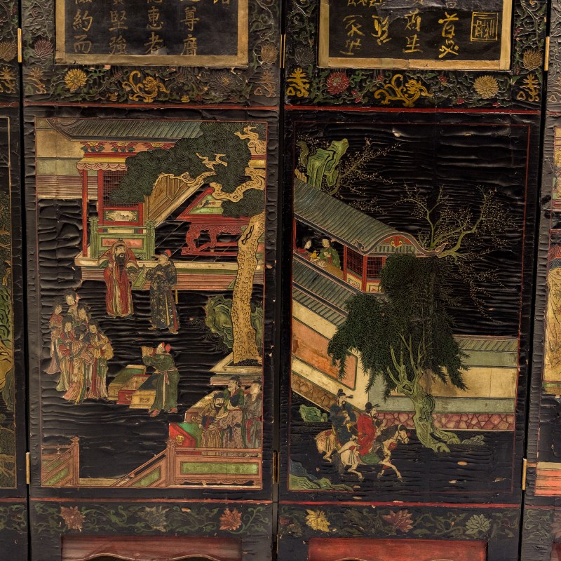 清康熙 黑漆地彩繪人物故事屏風六扇一套 | A Chinese six-panel painted black lacquer folding screen, Kangxi period, Qing dynasty - 图6