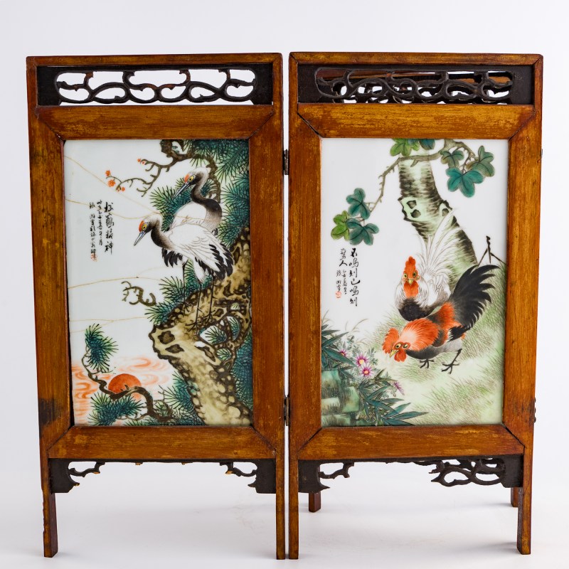 民國 粉彩花鳥瓷板四塊一套 | A Chinese four-panel famille rose porcelain plaque table screen, Republic period - 图2