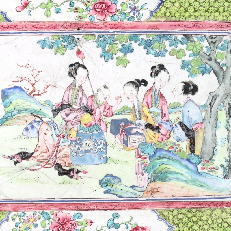 清乾隆 铜胎画珐琅庭院仕女图倭角长方盆 - 图3