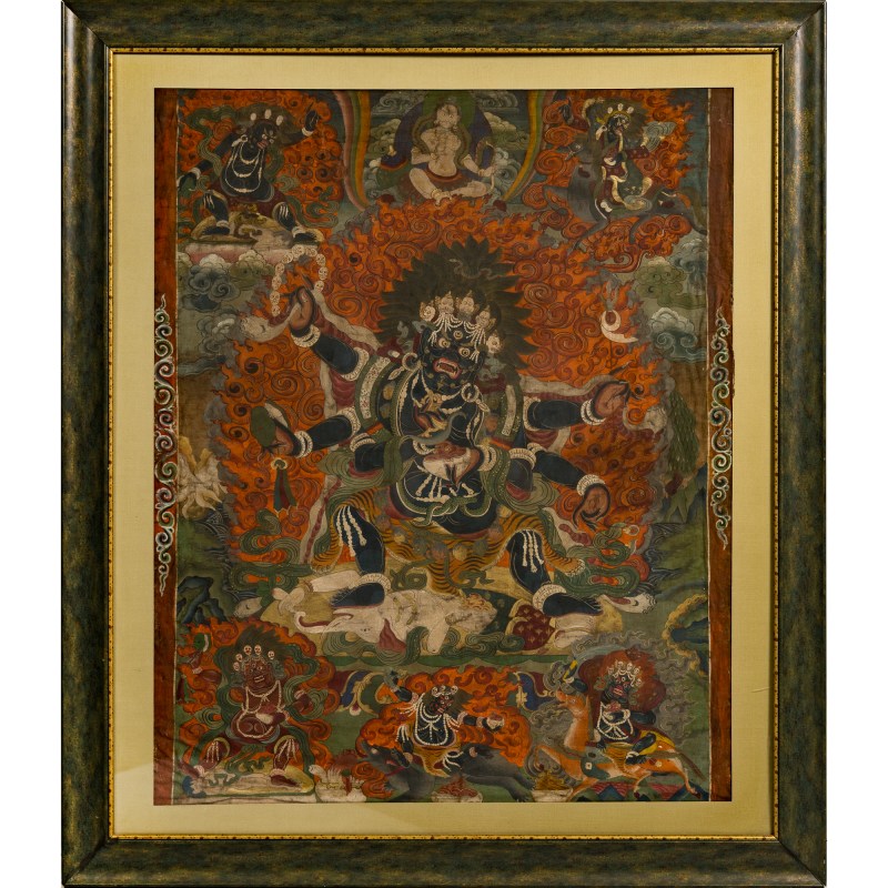清代 六臂大黑天唐卡鏡框 | A Tibetan framed six-armed Mahakala thangka, Qing dynasty