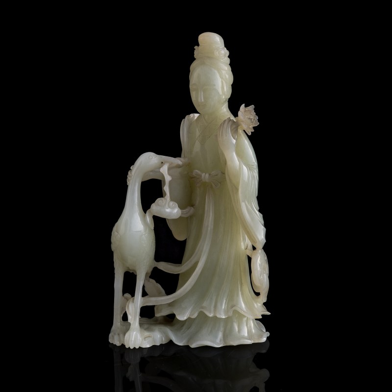 十九世紀 白玉雕麻姑仙鶴立像 | A Chinese white jade carving of Magu and crane, 19th century - 图1