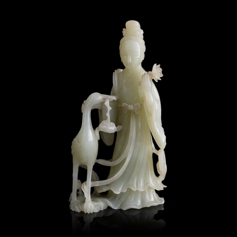 十九世紀 白玉雕麻姑仙鶴立像 | A Chinese white jade carving of Magu and crane, 19th century - 图2