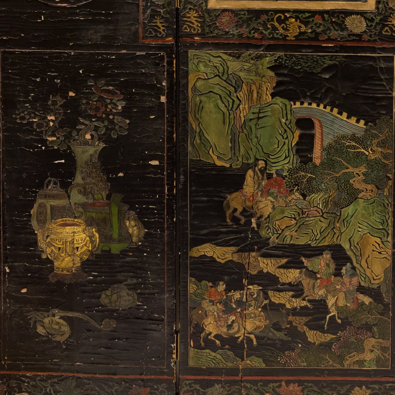 清康熙 黑漆地彩繪人物故事屏風六扇一套 | A Chinese six-panel painted black lacquer folding screen, Kangxi period, Qing dynasty - 图7
