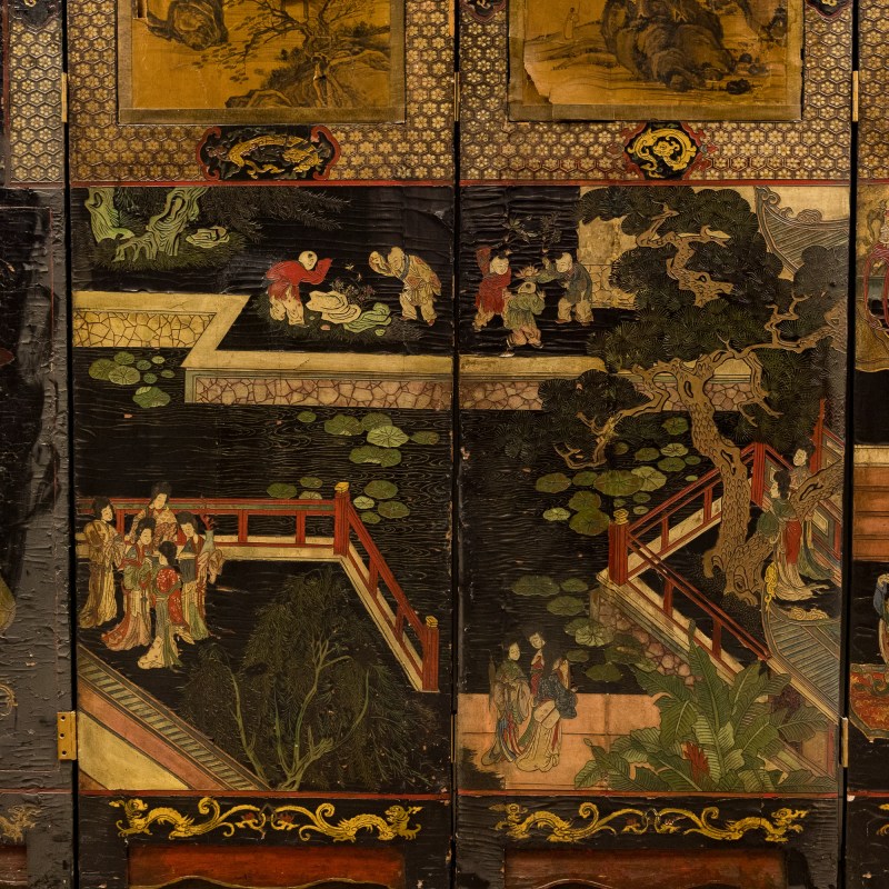 清康熙 黑漆地彩繪人物故事屏風六扇一套 | A Chinese six-panel painted black lacquer folding screen, Kangxi period, Qing dynasty - 图18