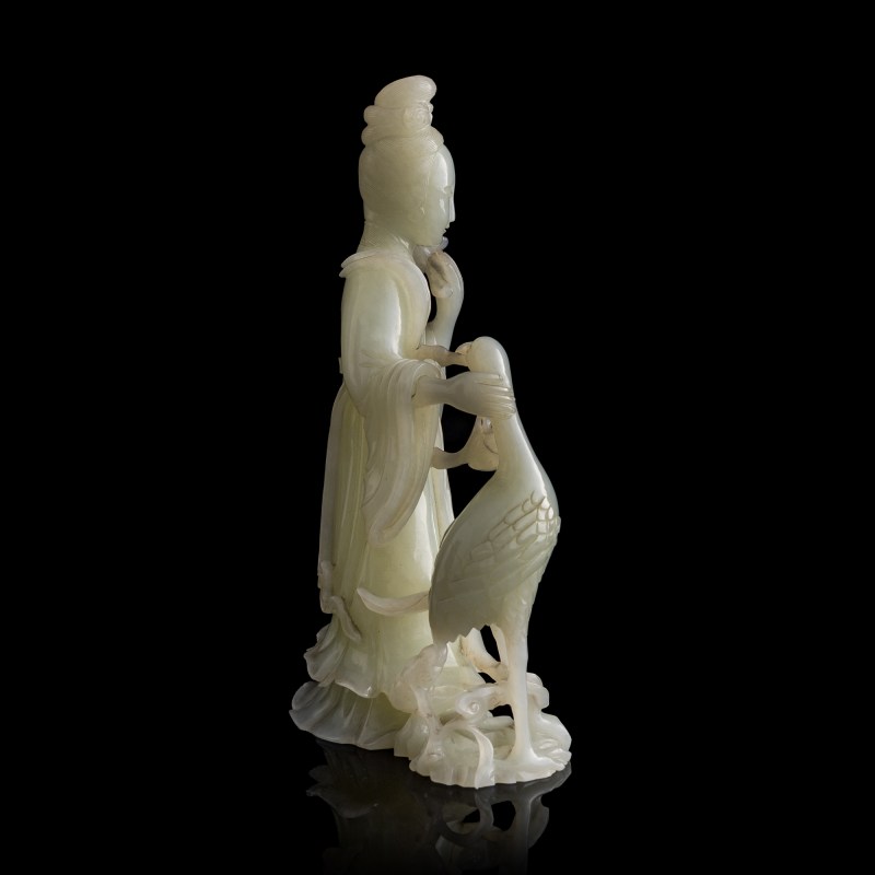 十九世紀 白玉雕麻姑仙鶴立像 | A Chinese white jade carving of Magu and crane, 19th century - 图5