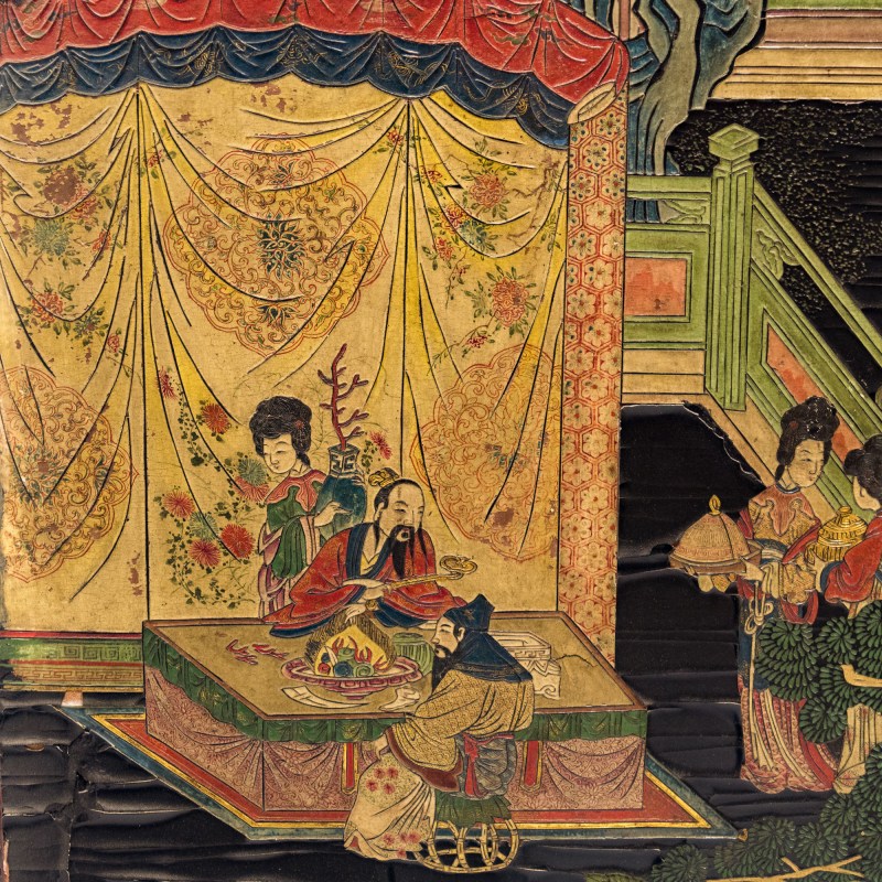 清康熙 黑漆地彩繪人物故事屏風六扇一套 | A Chinese six-panel painted black lacquer folding screen, Kangxi period, Qing dynasty - 图11