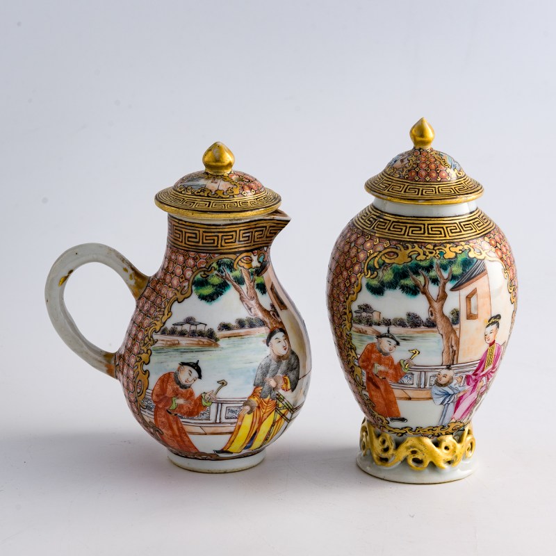 十九世紀早 外銷錦地描金開窗粉彩人物茶具一組 | A set of Chinese export brocade-pattern-ground famille rose tea ware, early 19th century - 图6