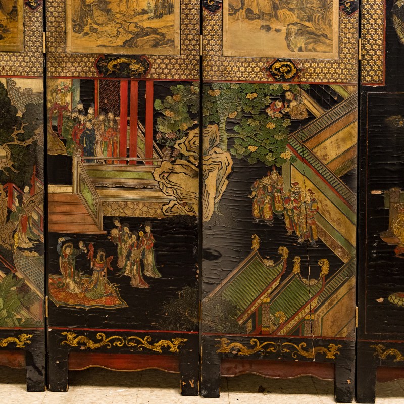 清康熙 黑漆地彩繪人物故事屏風六扇一套 | A Chinese six-panel painted black lacquer folding screen, Kangxi period, Qing dynasty - 图19