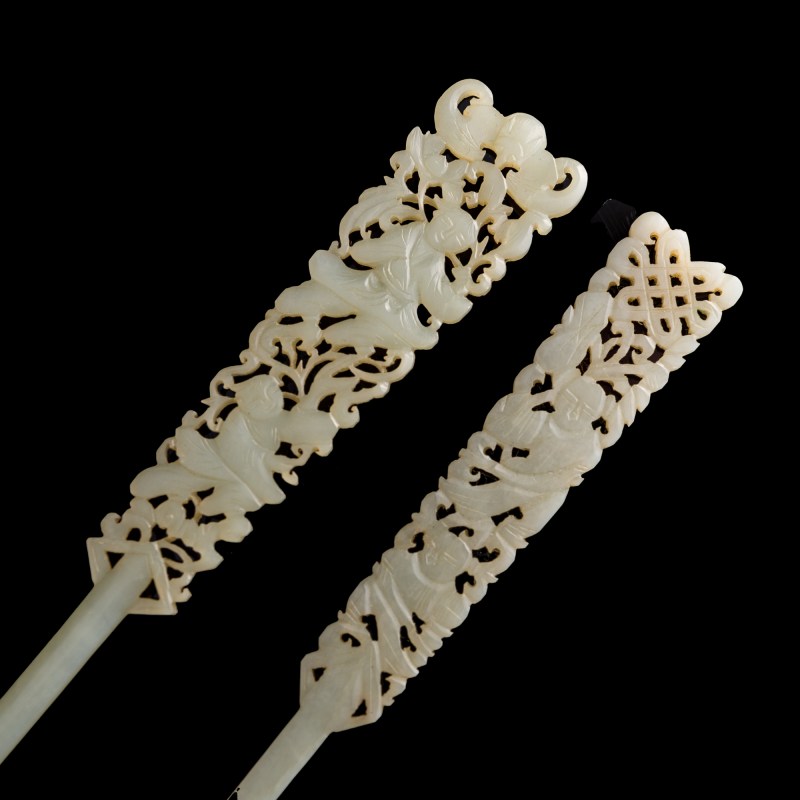 十八世紀 白玉發簪兩隻（附盒） | Two Chinese white jade hairpins, 18th century - 图9