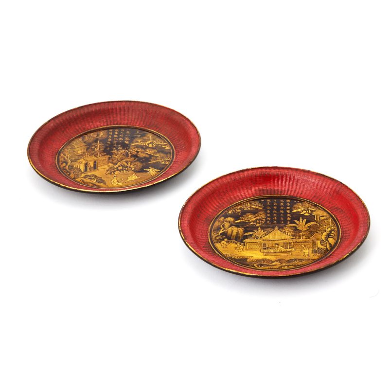 A Pair of Chinese Black and GIlt Lacquer Dishes