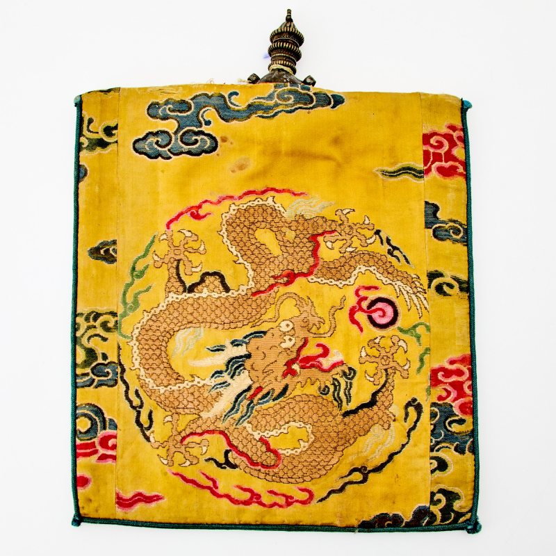A Tibetan Ritual Water Flask with Chinese Brocade Silk Cover