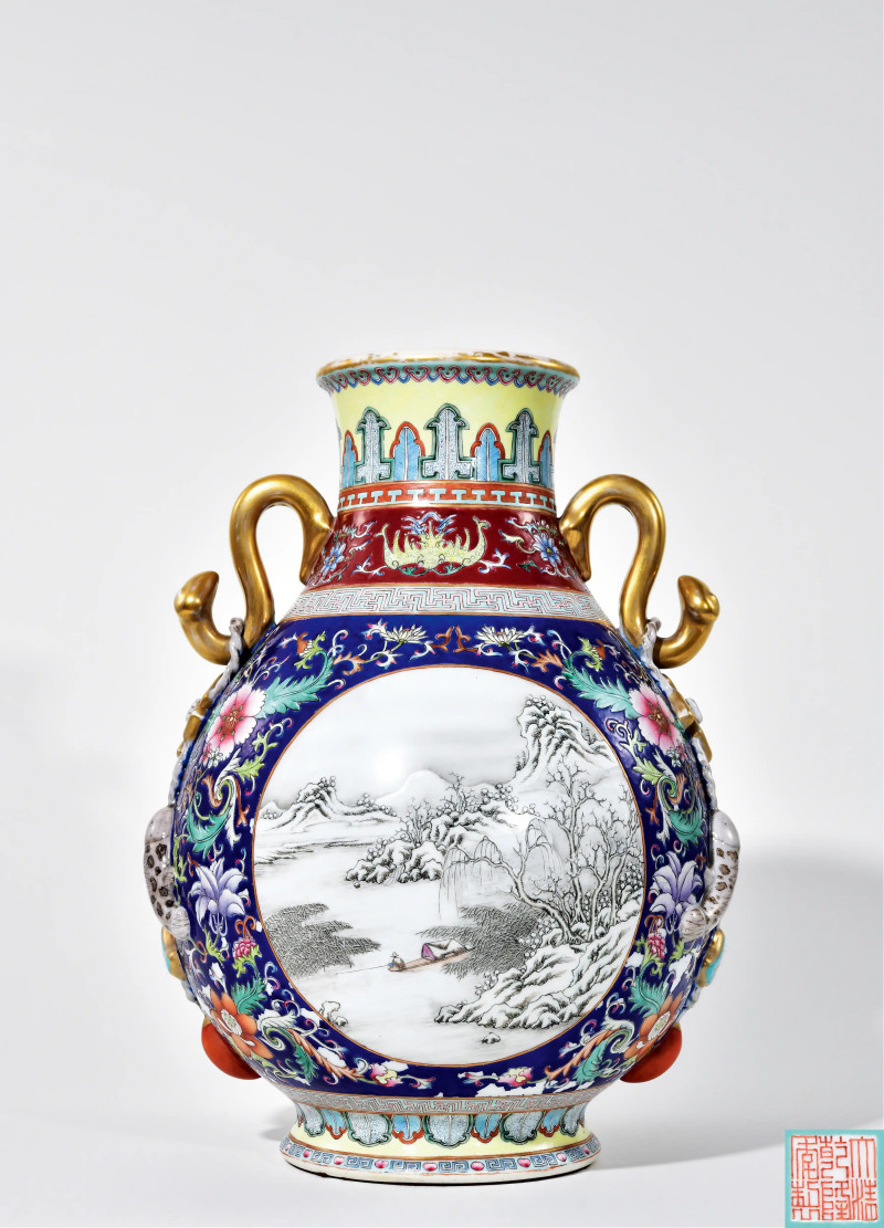 民国 仿乾隆洋彩开光雪景图吉庆有余双耳尊
