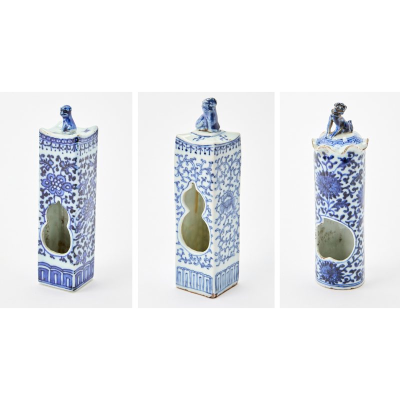 Three Chinese Blue and White Porcelain Bird Feeders