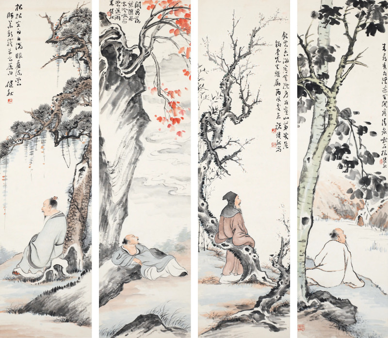 诸建秋 1946年作 人物四屏