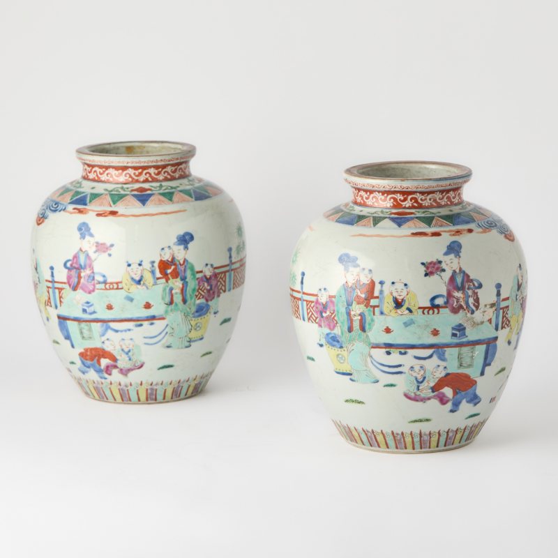 A Pair of Chinese Wucai Porcelain Jars