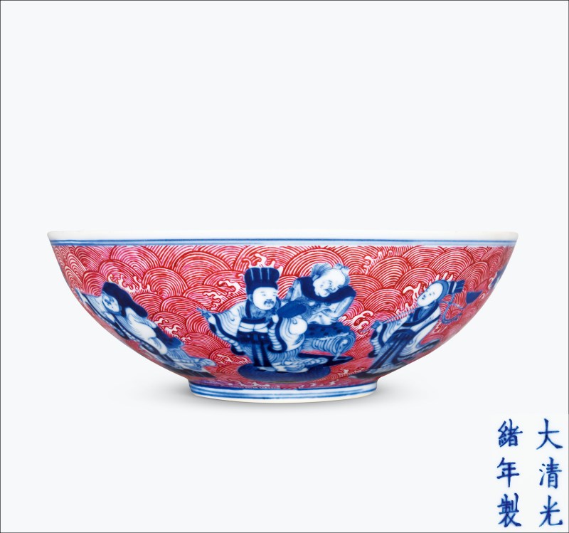 清光绪 青花胭脂红八仙庆寿图大碗 - 图1