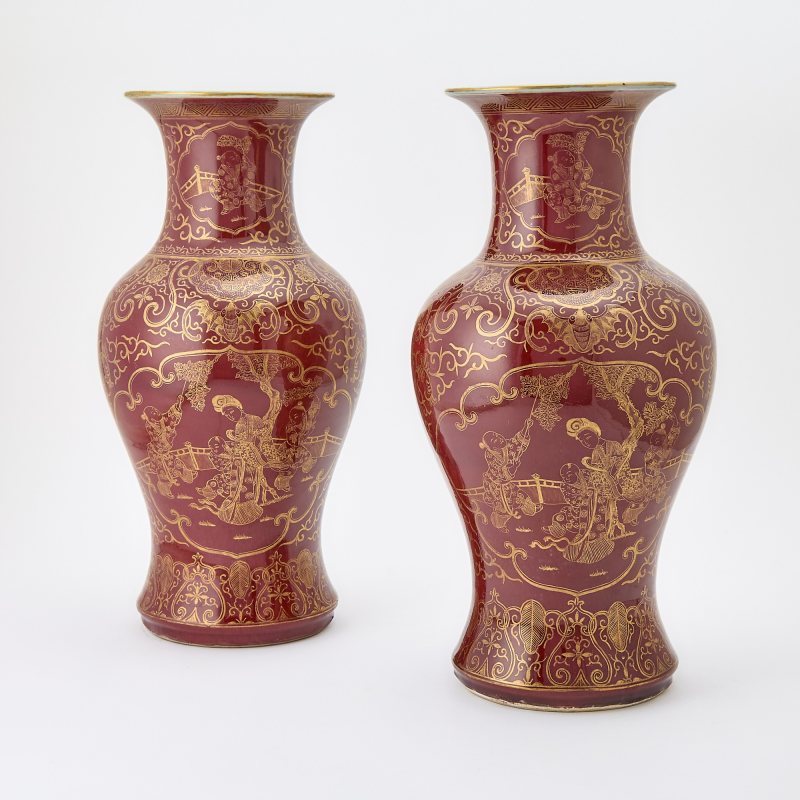 A Pair of Chinese Red Glazed Gilt-Decorated Porcelain Vases