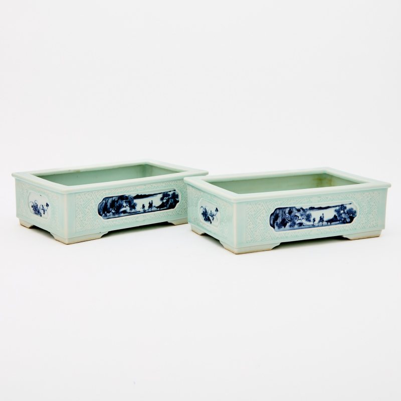 A Pair of Chinese Celadon Glazed Porcelain Jardinieres