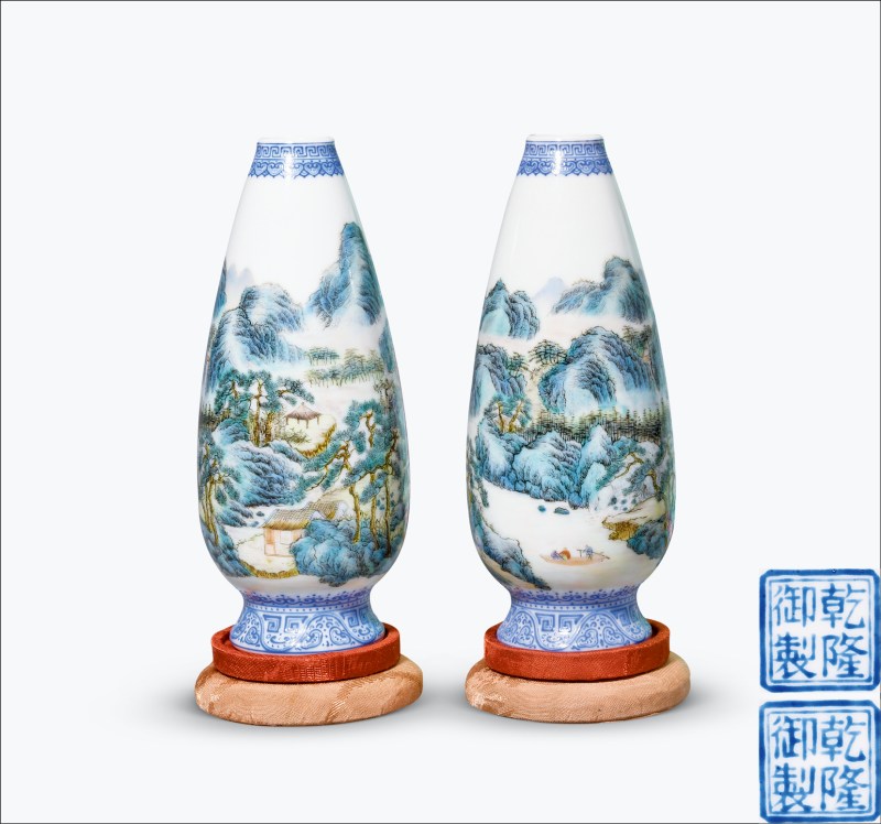 民国 粉彩山水人物纹瓶一对 - 图1