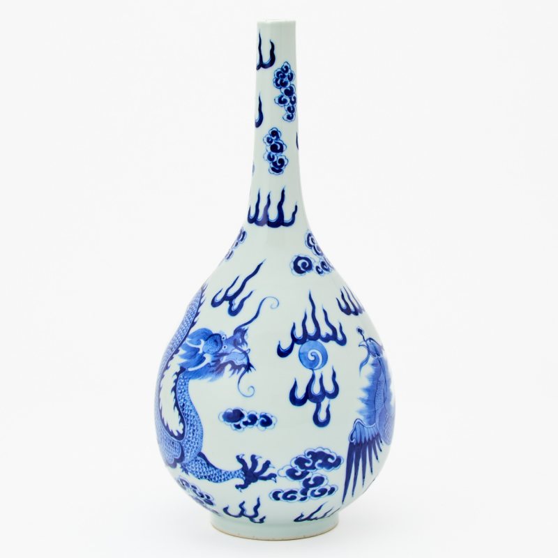 A Chinese Blue and White 'Dragon and Phoenix' Bottle Vase
